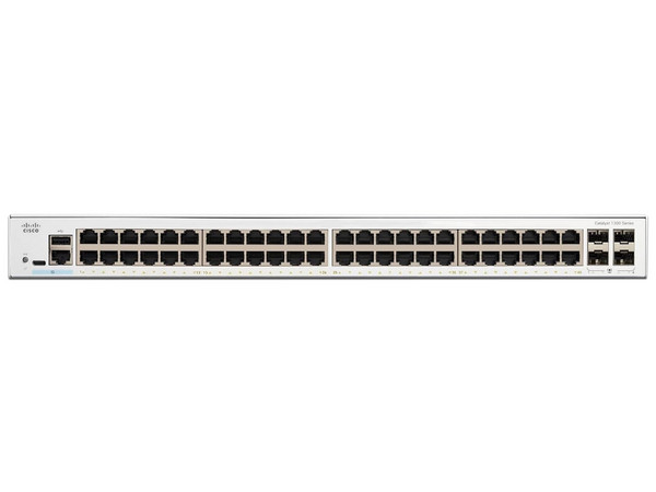 Switch Cisco Catalyst C1300-48T-4G de 48 puertos GE 10/100/1000Base-T, 4 puertos SFP 1000Base-X, Color Blanco, Incluye Cable de Energía CAB-16AWG-AC.