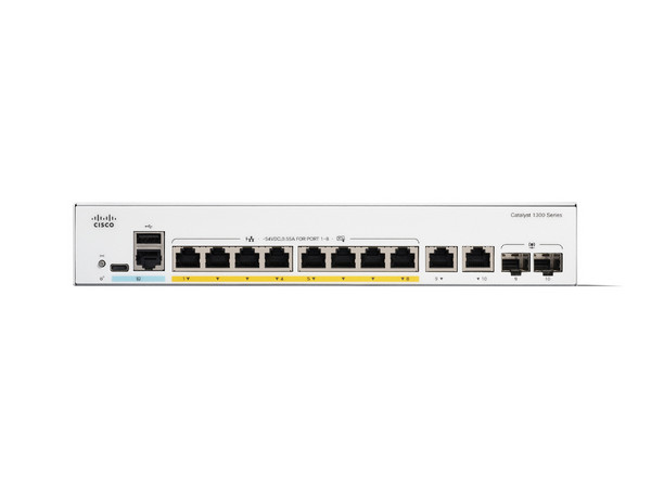 Catalyst 1300 8-port GE Full PoE 2x1G Combo C1300-8FP-2G de Cisco, switch gestionado con 8 puertos Gigabit Ethernet, Power over Ethernet y 2 puertos combo de 1 Gbps.