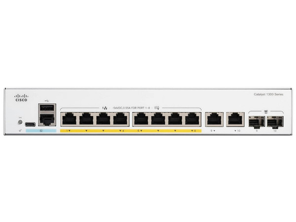 Cisco Switch Catalyst 1300 de 8 puertos Gigabit Ethernet, PoE+ con 67W totales, 2 puertos SFP (2x 1G).