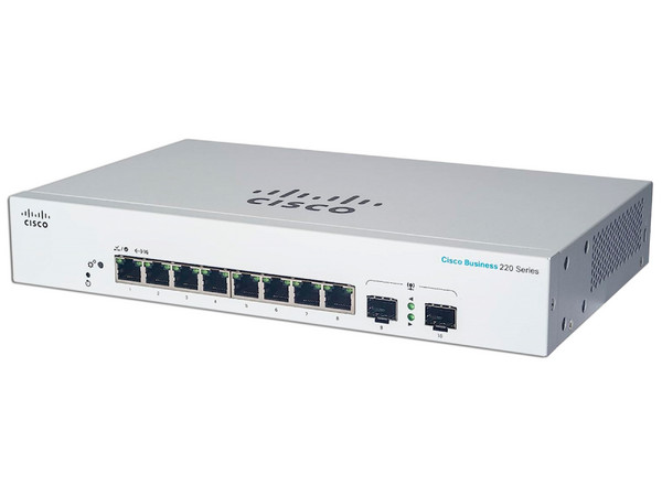 Switch Cisco CBS220-8FP-E-2G-NA de 8 puertos RJ-45 Gigabit Ethernet (10/100/1000Mbps) y 2 puertos SFP, PoE.