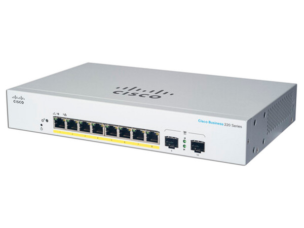 Switch Cisco CBS220-8P-E-2G-NA de 8 puertos RJ-45 Gigabit Ethernet (10/100/1000Mbps) y 2 puertos SFP, PoE.