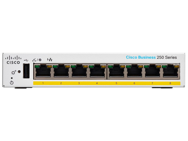 Switch Cisco CBS250-8PP-D-NA de 8 Puertos Gigabit (10/100/1000), Administrable, PoE 45W, Color Blanco.
