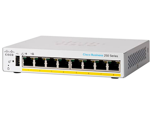 Switch Cisco CBS250-8PP-D-NA de 8 Puertos Gigabit (10/100/1000), Administrable, PoE 45W, Color Blanco.