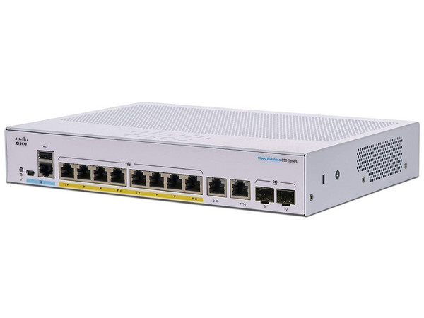 Switch Cisco Business CBS350-8P-E-2G-NA de 8 puertos Gigabit Ethernet y 2 Gigabit Ethernet combo, PoE+.