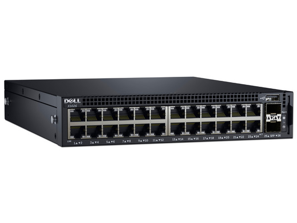 Switch administrado inteligente DELL X1026 con 24 puertos Gb y 2 puertos SFP de 1 GB.