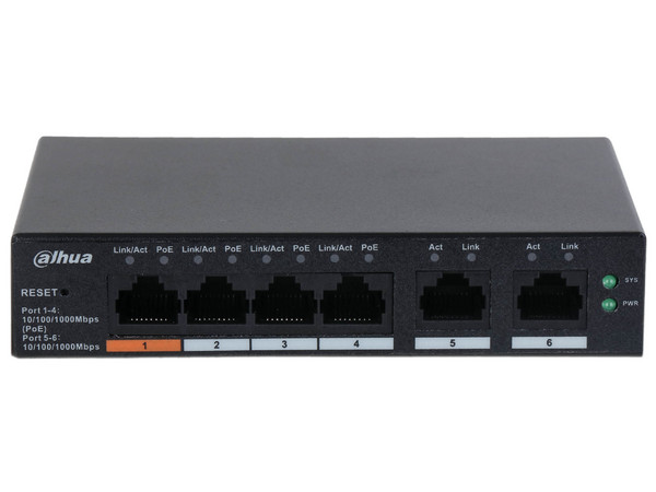 Switch DAHUA CS4006-4GT-60, 6 Puertos Gigabit, 4 Puertos PoE 10/100/1000, 2 Puertos Uplink, 60 Watts Totales, Administrable en la Nube, Blanco.