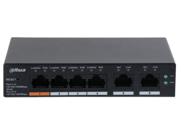 Switch PoE de 6 Puertos Gigabit, 4 Puertos PoE 10/100/1000, 2 Puertos Uplink 10/100/1000, 60 Watts Totales, Administrable en la Nube por DoLynk Care, PoE hasta 250 Metros, Carcasa Metálica, Switching 12 Gbps.