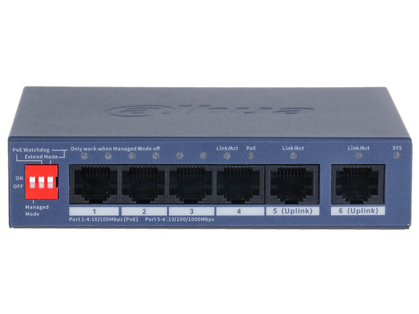 Switch PoE Dahua DH-CS4006-4ET2GT-36, 4 Puertos PoE 10/100 Mbps, 2 Puertos UpLink 10/100/1000 Mbps, 36W. Color Azul.