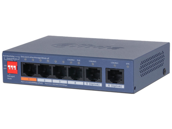 Switch PoE Dahua DH-CS4006-4ET2GT-60, 4 Puertos DownLink 10/100 Mbps, 2 Puertos UpLink 10/100/1000 Mbps, 60 W, Hasta 250m, Color Azul.