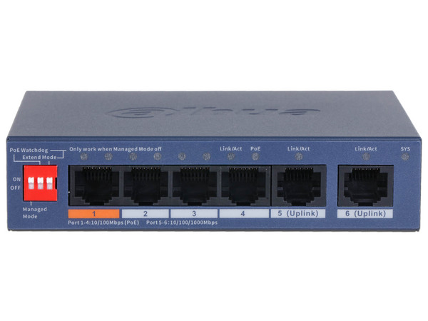 Switch PoE Dahua DH-CS4006-4ET2GT-60, 4 Puertos DownLink 10/100 Mbps, 2 Puertos UpLink 10/100/1000 Mbps, 60 W, Hasta 250m, Color Azul.