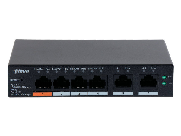 Switch Dahua DH-CS4006-4GT-60 de 4 Puertos RJ-45 10/100/1000 Mbps PoE, 2 Puertos RJ-45 10/100/1000 Mpbs, Color Negro.