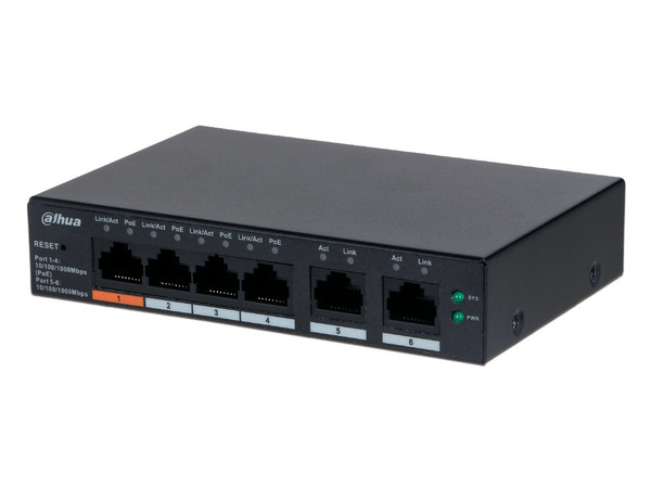 Switch Dahua DH-CS4006-4GT-60 de 4 Puertos RJ-45 10/100/1000 Mbps PoE, 2 Puertos RJ-45 10/100/1000 Mpbs, Color Negro.