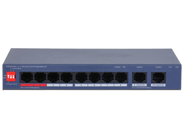 Switch PoE Dahua DH-CS4010-8ET2GT-110, 8 Puertos DownLink 10/100 Mbps, 2 Puertos UpLink 10/100/1000 Mbps, 2 Puertos PoE de Hasta 60 W, Hasta 250m, Color Azul.
