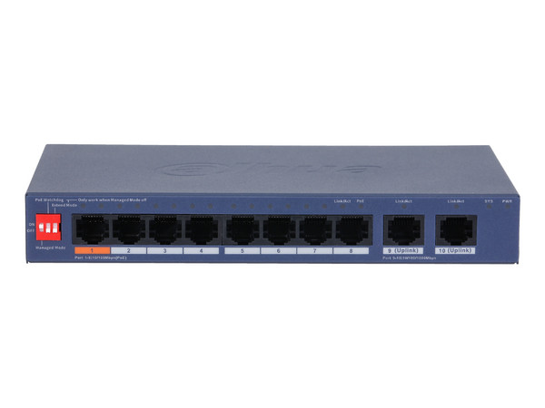 Switch PoE Dahua DH-CS4010-8ET2GT-60, 8 Puertos DownLink 10/100 Mbps, 2 Puertos UpLink 10/100/1000 Mbps, 1 Puerto PoE de Hasta 60 W, Color Azul.