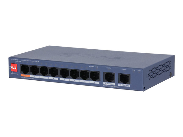 Switch PoE Dahua DH-CS4010-8ET2GT-60, 8 Puertos DownLink 10/100 Mbps, 2 Puertos UpLink 10/100/1000 Mbps, 1 Puerto PoE de Hasta 60 W, Color Azul.