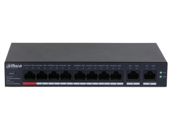 Switch PoE Dahua DH-CS4010-8GT-110 de 8 puertos Gigabit Ethernet PoE y 2 puertos Uplink 10/100/1000, 110W.