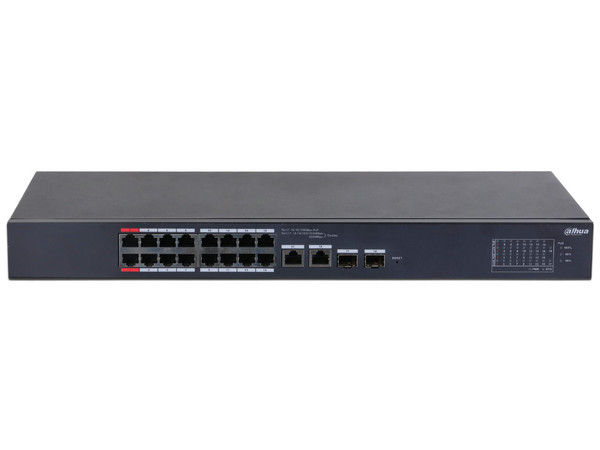 Switch Administrable Dahua DH-CS4218-16ET-240 de 16 puertos PoE y 2 Combo SFP, 90W, 8000 Direcciones Mac. Color Negro.