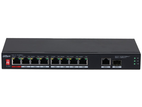 Switch PoE de 10 Puertos Dahua DH-PFS3110-8ET1GT1GF-96, 1 x SFP 1Gbps, 1 Puerto Uplink.