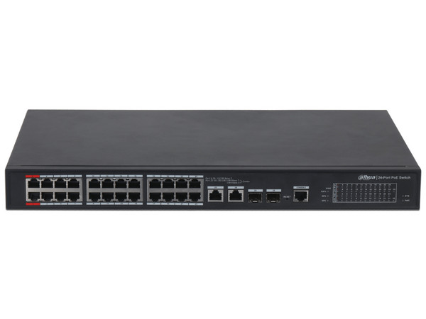 Switch administrable Dahua de 24 puertos PoE 100 Mbps y 2 puertos SFP.