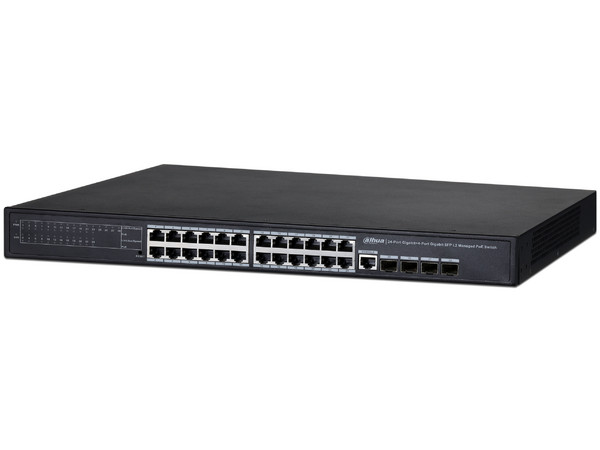Switch Dahua PFS4428-24GT-370 con 24 10/100/1000Mbps Gigabit PoE y 4 puertos 1000Base-X, conmutación hasta 52Gbps, administrable, 370W.