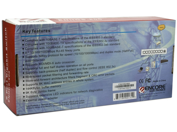 Switch ENCORE, Full duplex / Half duplex, 8 Puertos, Gigabit Ethernet.