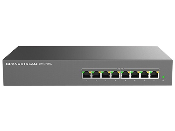 Switch Grandstream GWN7701PA de 5 puertos 10/100/1000 Mbps (4 puertos PoE 802.3 af/at), hasta 30W.