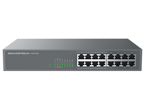 Switch Grandstream GWN7702P de 16 puertos 10/100/1000 Mbps (8 puertos PoE 802.3 af/at), hasta 240W.