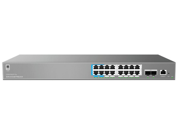 Switch Grandstream GWN7802P Pro, con 16 puertos Gigabit PoE, 2 Puertos SFP+, 250W, Administrable L2+, 8000 Entradas. Color Negro.