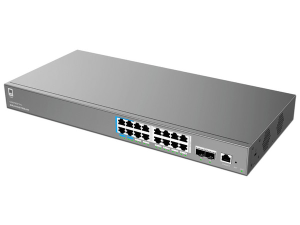 Switch Grandstream GWN7802P Pro, con 16 puertos Gigabit PoE, 2 Puertos SFP+, 250W, Administrable L2+, 8000 Entradas. Color Negro.