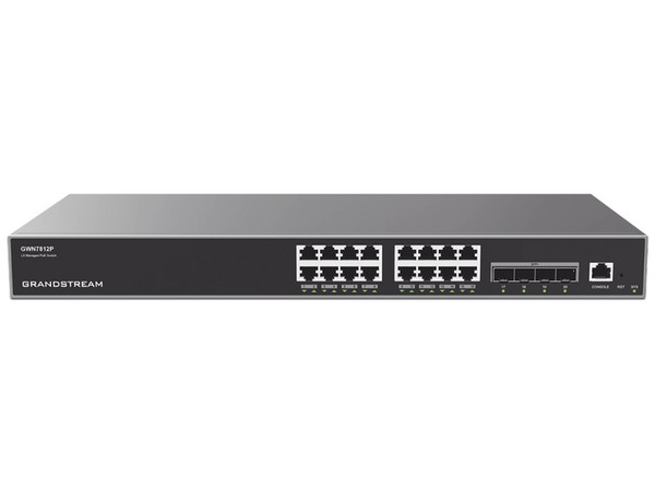 Switch Grandstream GWN7812P, Capa 3 Gigabit PoE+ Administrable de 16 Puertos 10/100/1000 Mbps + 4 Puertos SFP Uplink, Compatible con GWN Cloud. Color Gris.