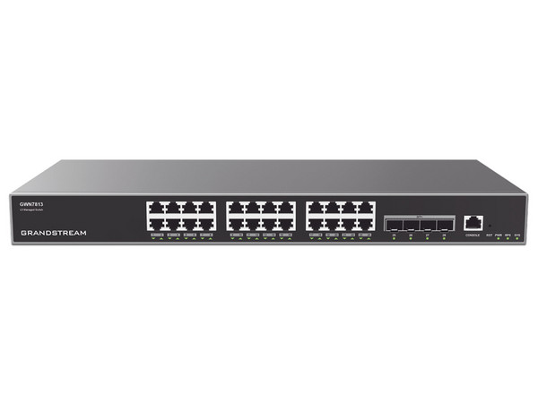 Switch Capa 3 administrable con 24 puertos 10/100/1000 Mbps, 4 puertos SFP Uplink, hasta 360W, compatible con GWN Cloud.