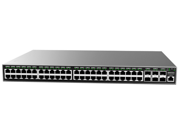 Switch Grandstream GWN7816 de 48 puertos RJ45 de 10/100/1000 Mbps PoE+, 6 Puertos SFP+, Administrable Capa 3, 740W. Color Gris.