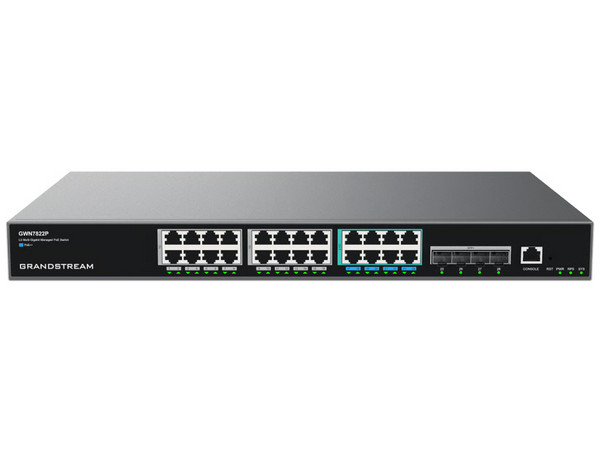 Switch Grandstream GWN7822P de 24 puertos RJ45 PoE, 4 Puertos SFP+, Administrable Capa 3, 740W. Color Negro.