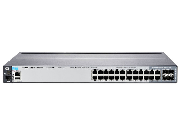 Switch conmutador Aruba 2920 24G con 20 puertos RJ-45 10/100/1000 con detección automática, 4 puertos RJ-45 10/100/1000 de doble función y 2 ranuras para módulos.