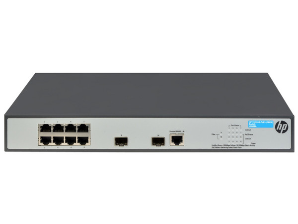 Switch Gigabit HP 1920-8G-PoE+ (180 W) de 8 puertos 10/100/1000 Mbps, 2 puertos SFP de 1000 Mbps.