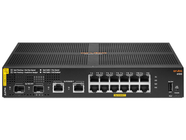 Switch HPE Aruba 6100 de 12 puertos 10/100/1000 Mbps, PoE. Color Negro.