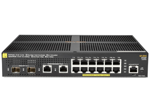 Switch HP Aruba 2930F de 12 puertos 10/100/1000Mbps PoE+ y 2 puertos 1/10GbE SFP+.