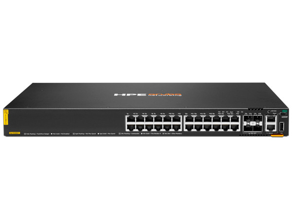 Conmutador Aruba 6200F, con 24 puertos de 1 GbE Clase 4 y 4 puertos SFP+, PoE.