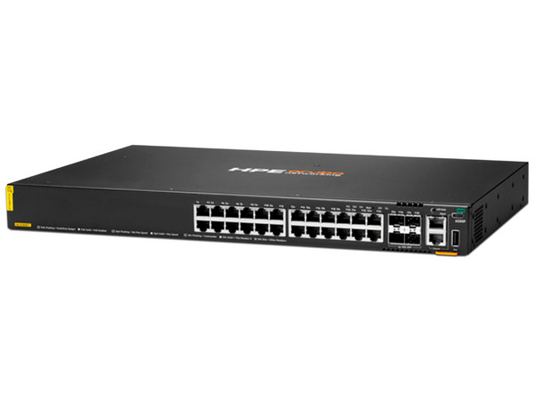 Conmutador Aruba 6200F, con 24 puertos de 1 GbE Clase 4 y 4 puertos SFP+, PoE.