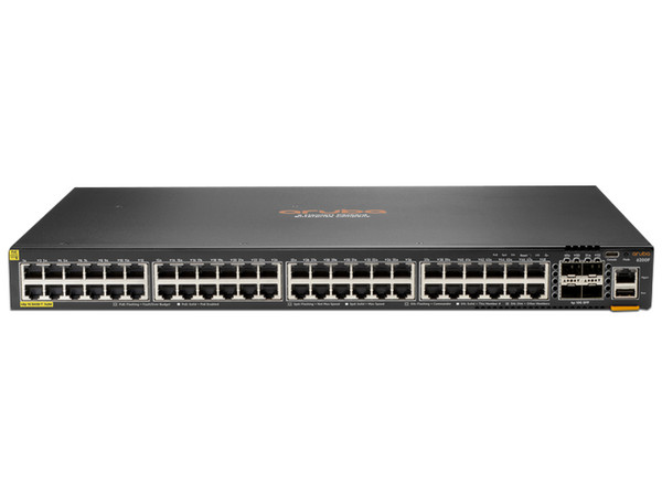Conmutador Aruba 6200F, con 48 puertos de 1 GbE Clase 4 y 4 puertos SFP+, 740W, PoE.


