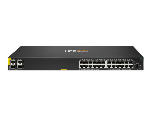 Switch HPE Aruba CX 6000 de 24 Puertos 10/100/1000Base-T, 4 Puertos SFP, 370W PoE, Administrable, Color Negro.