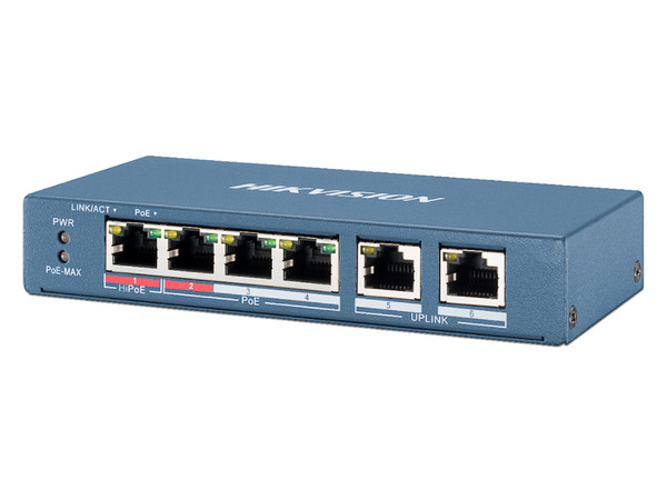 Switch Gigabit HikVision DS-3E0106HP-E de 4 puertos 100 Mbps, PoE.