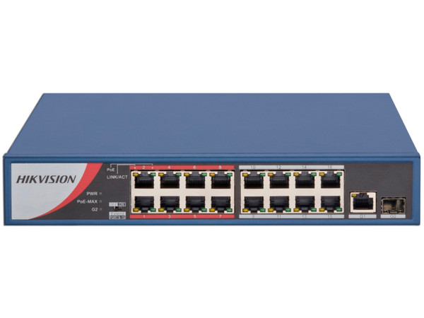 Switch Gigabit Hikvision DS-3E0318P-E/M(B) de 16 Puertos (10/100 Mbps), 1 Puerto SFP, PoE Hasta 250 m.