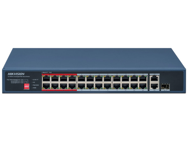 Switch Hikvision DS-3E0326P-E/M(C), 24 Puertos RJ-45 10/100Mbps, 1 Puertos RJ-45 1000Mbps, 1 Puerto SFP, Color Azul.