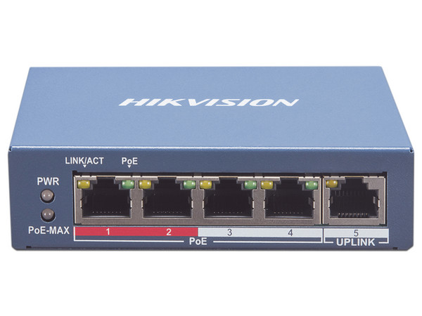 Switch Monitoreable Hikvision DS-3E1105P-EI de 4 Puertos 10/100 Mbps PoE+ y 1 Puerto RJ45 Uplink, PoE Hasta 250 Metros, Conexión Remota desde Hik-ProConnect.
