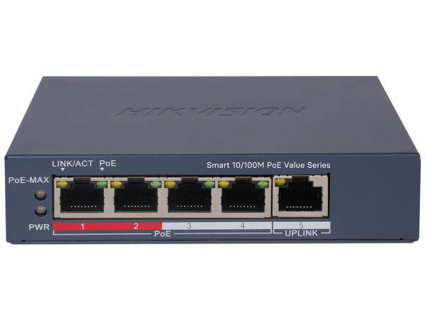Switch Monitoreable Hikvision DS-3E1105P-EI/M de 4 Puertos 10/100 Mbps PoE+ y 1 Puerto RJ45 10/100 Mbps Uplink, PoE Hasta 300 Metros.