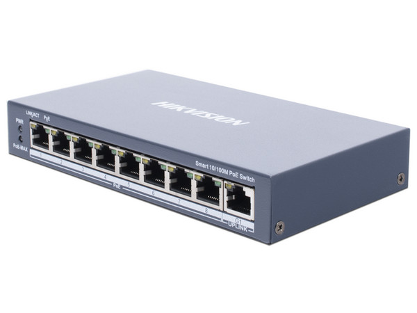 Switch Hikvision DS-3E1309P-EI/M de 8 puertos 10/100 Mbps PoE+ y 1 puerto Gigabit Uplink.