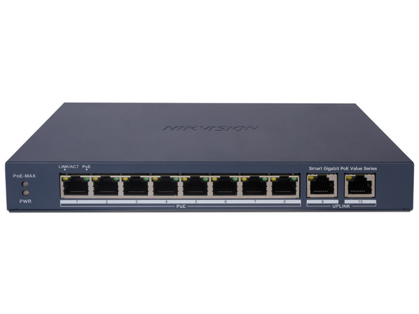 Switch Hikvision DS-3E1510P-EI/M de 8 puertos Gigabit PoE+, 2 puertos 1000 Mbps uplink.