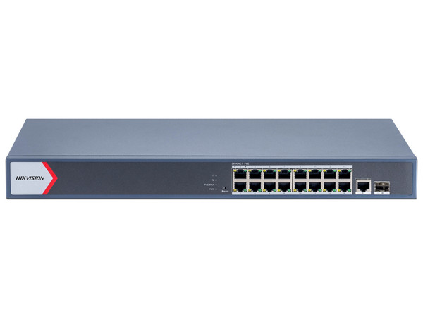 Switch Gigabit PoE+ administrable con 16 puertos PoE+ de 1000 Mbps, 1 puerto uplink Gigabit y 1 puerto SFP.