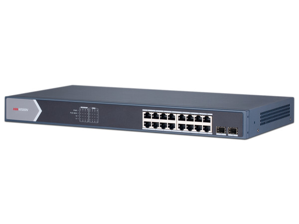 Switch Administrable Hikvision DS-3E1518P-SI de 16 Puertos 10/100/1000 Mbps PoE+ y 2 Puertos SFP de 1Gb, PoE hasta 250 metros.